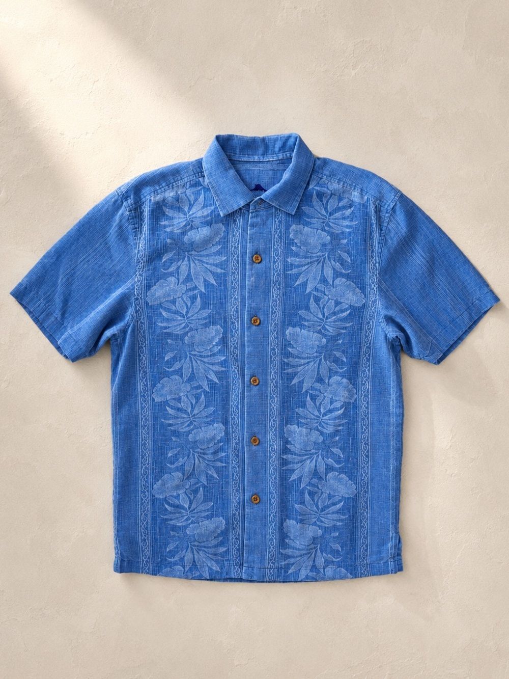 Tommy Bahama 100% Silk Hawaiian Camp Shirt Blue Floral Jacquard Men’s Small